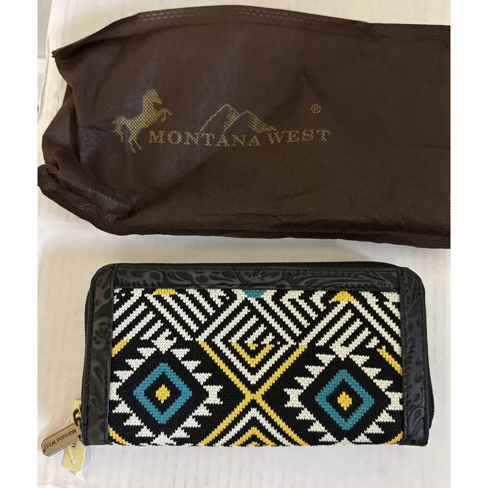 Montana West Wallet Womens Aztec Tapestry Zip Around Black Tooled Trim NEW NWT